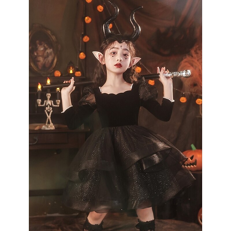 Kids Girls' Party Dress Solid Color 3/4 Length Sleeve Performance Mesh Princess Cosplay Costume Sweet Mesh Mid-Calf Sheath Dress Tulle Dress Summer Spring Fall 4-12 Years Black2