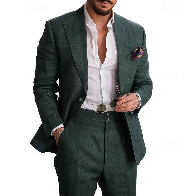 Men's Wedding Suits Closure collar Dark Green Solid Colored Slim Fit 2 Piece Single Breasted One-button4