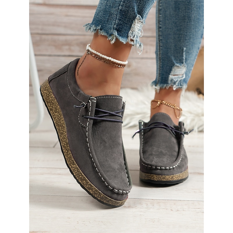 Women's Casual Grey Faux Suede Moccasins with Lace-Up Design and Cushioned Sole – Comfortable Loafers for Everyday Wear