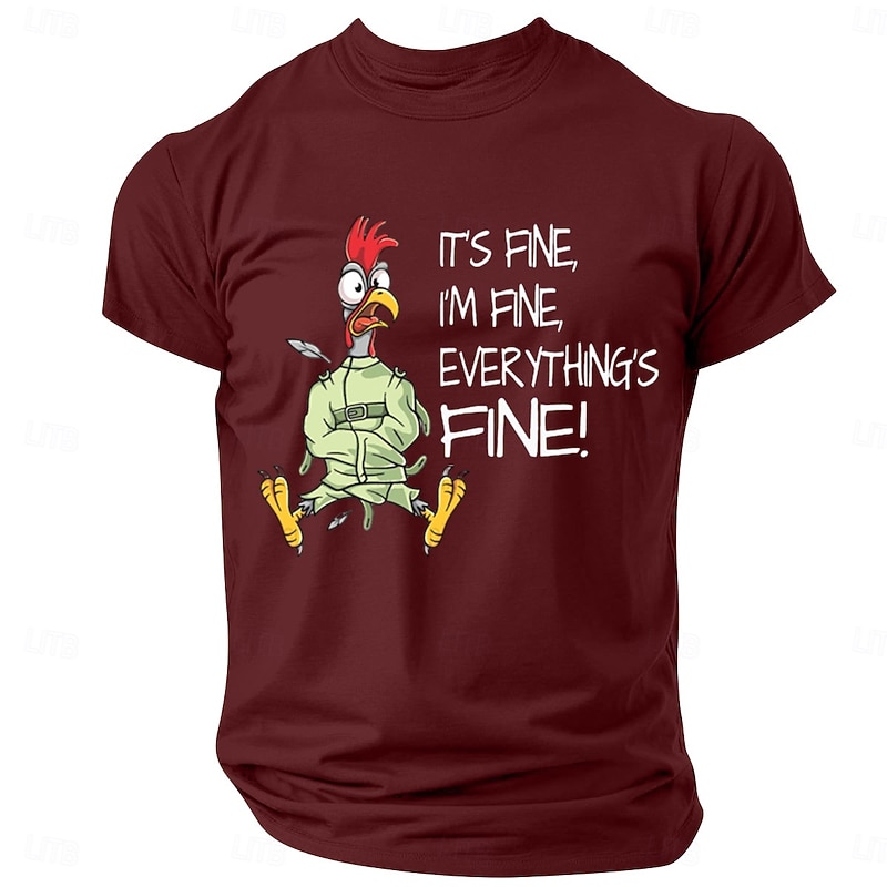 Men's Funny T-Shirt: 'It's Fine, I'm Fine, Everything's Fine!' Chicken Straitjacket Graphic Short Sleeve Lifestyle Humor Tee4