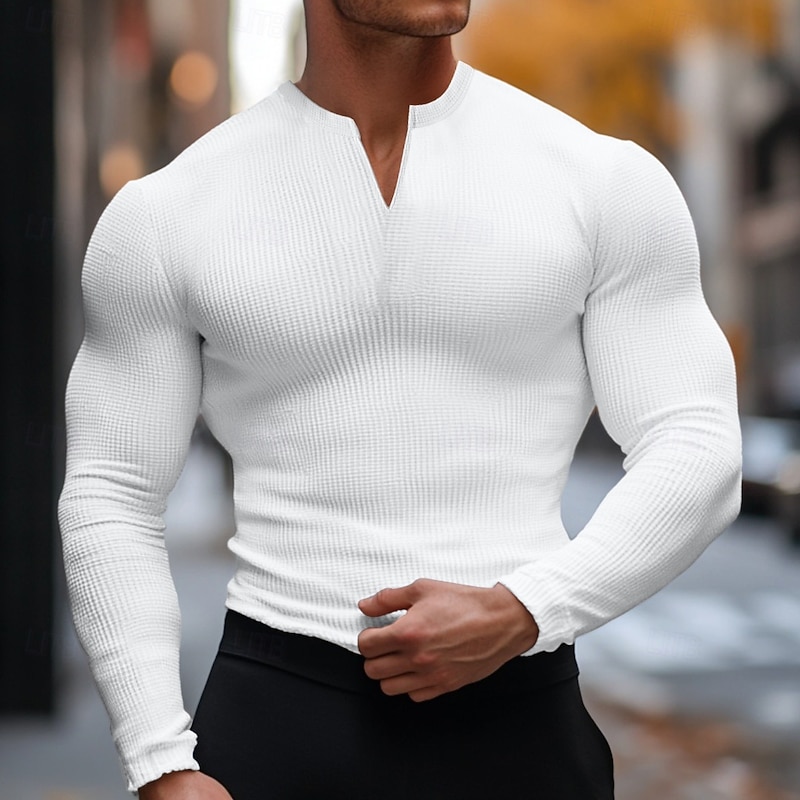 Men's Waffle T-shirt Tee Top Long Sleeve Shirt Long Sleeve V Neck Deep V Summer Solid Color Daily Casual Street Style V Neck Outdoor Street Causal Dark Grey Black White Top Tee for Men