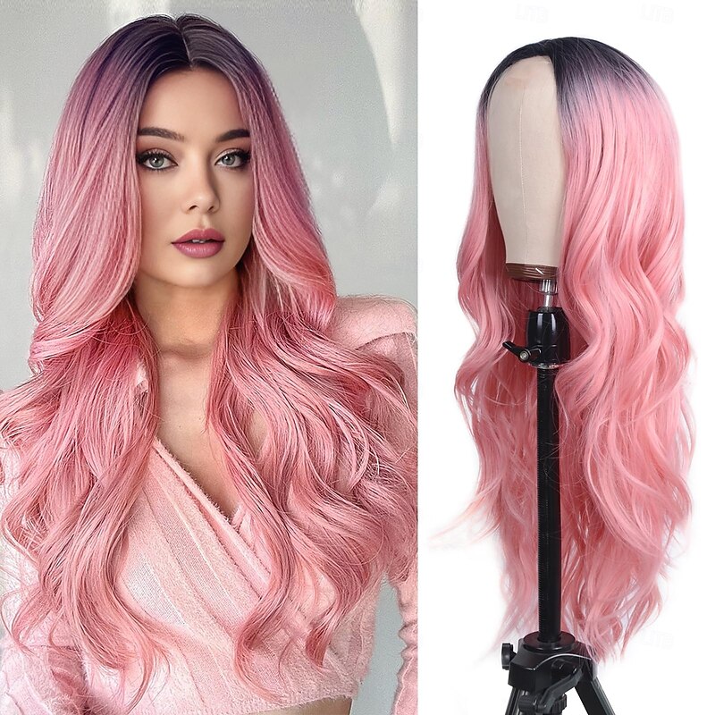 Long Ombre Pink Wavy Wig for Women -26inch Middle Part Long Pink Curly Wavy Wig with Dark Roots Heat Resistant Synthetic Hair Looking Natural, Fiber Wig for Daily Party Use