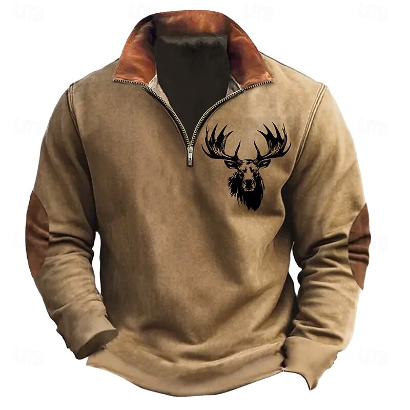 Men's Hunting Deer Sweatshirts Sweatshirt Zip Sweatshirt Long Sleeve Sweatshirt Half Zip Holiday Western Cowboy 3D Printing Party Holiday Half Zip4