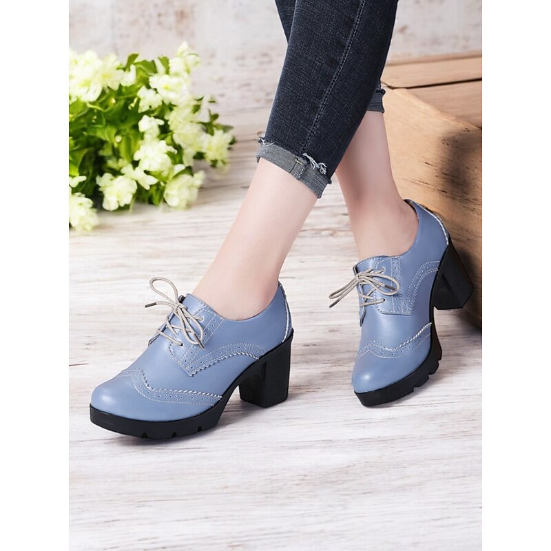 Women's Light Blue Lace-Up Brogue Chunky Heel Oxford Shoes – Vintage-Inspired Platform Heels for Casual and Office Wear2