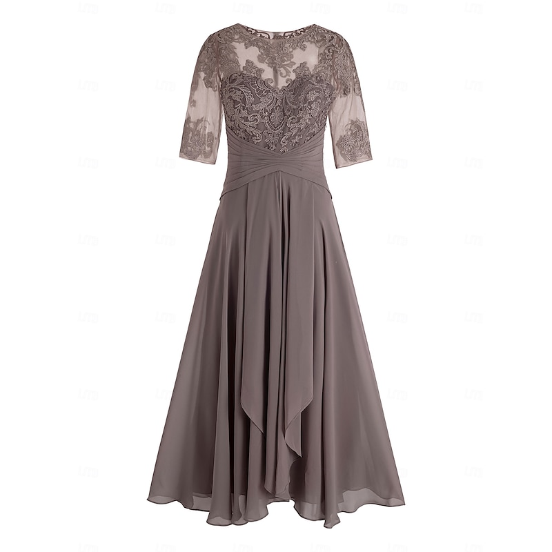 A-Line Mother of the Bride Dress Wedding Guest Elegant Plus Size High Low V Neck Asymmetrical Ankle Length Chiffon Lace Half Sleeve with Beading Appliques4