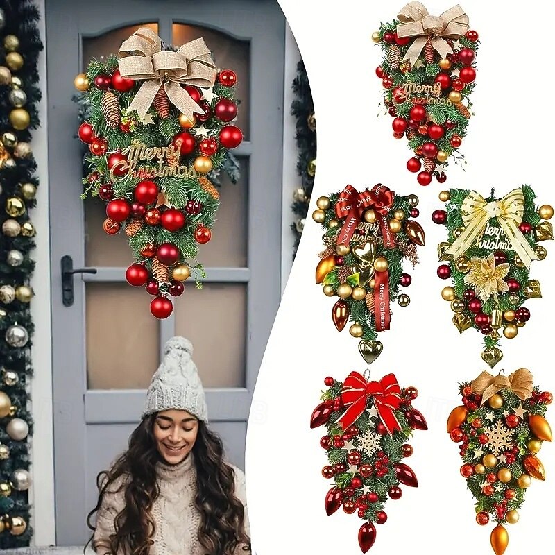 Christmas Swag Christmas Wreath Outdoor for Front Door Winter Wreath Window Wall Decoration- 50*30cm Creative Wall Decor, Window Display, Festive Bow and Vine Door Hanging Ornament