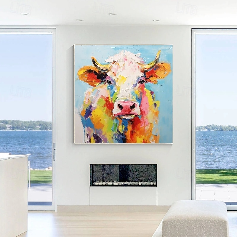 Cow Animals oil painting 100% Hand Painted Textured cow Painting Abstract colorful animal Oil Painting Wall Decoration cow painting for Living Room Office  decoration Wall artwork