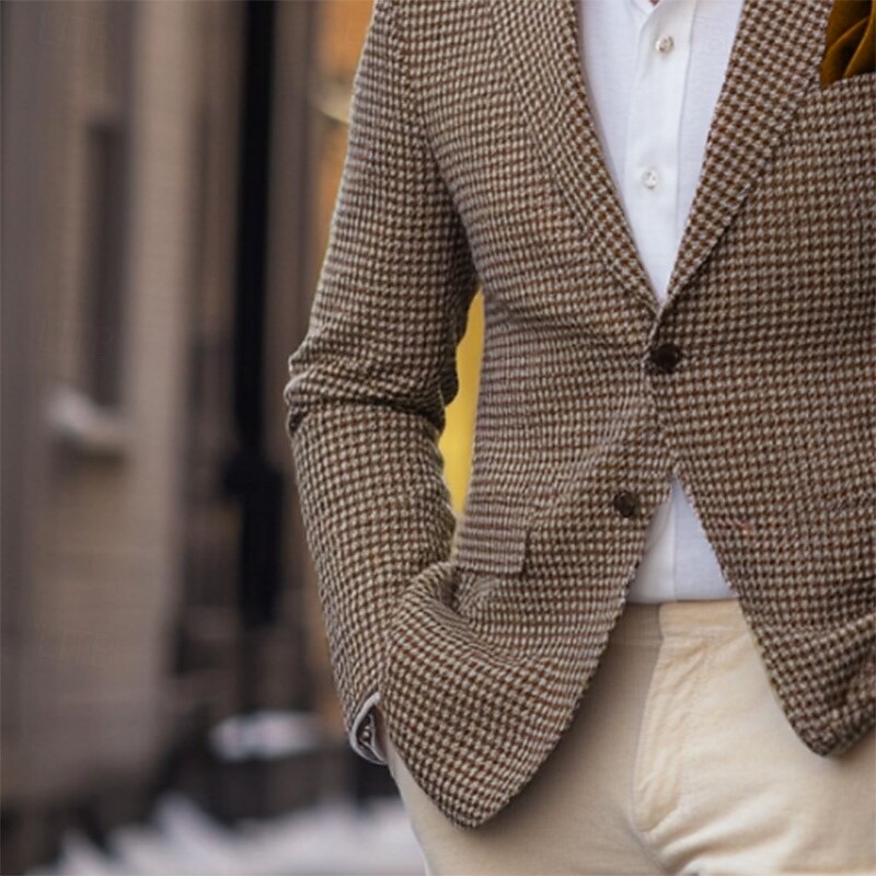 Men's Blazer Jacket Sport Coat Notch Collar Fashion Casual Houndstooth Blazer Brown Tailored Fit Single Breasted Two-buttons3