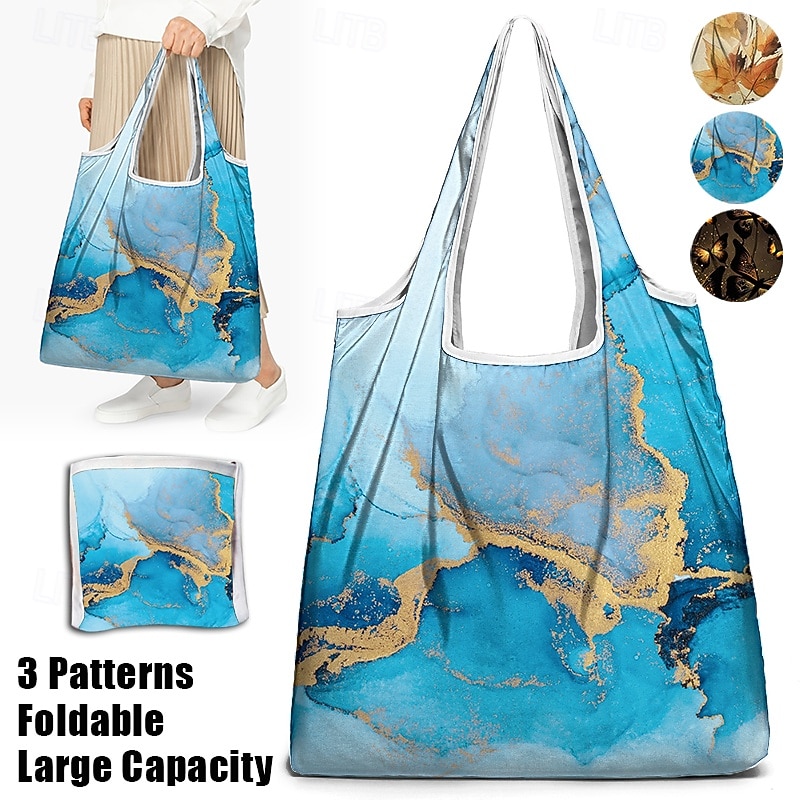 Abstract Blue and Gold Marble Tote Bag for Women – Reusable Eco-Friendly Shopping Bag with Artistic Design, Perfect for Daily Use and Travel