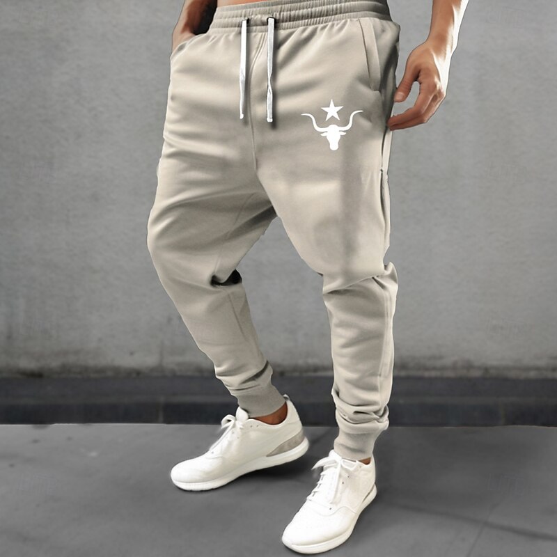 Men's Cow Cowboy Sweatpants Joggers Pants Trousers Mid Waist Drawstring Elastic Waist Vintage Casual Outdoor Street Dailywear Pocket Spring Fall Winter 3D Print White Blue Beige2