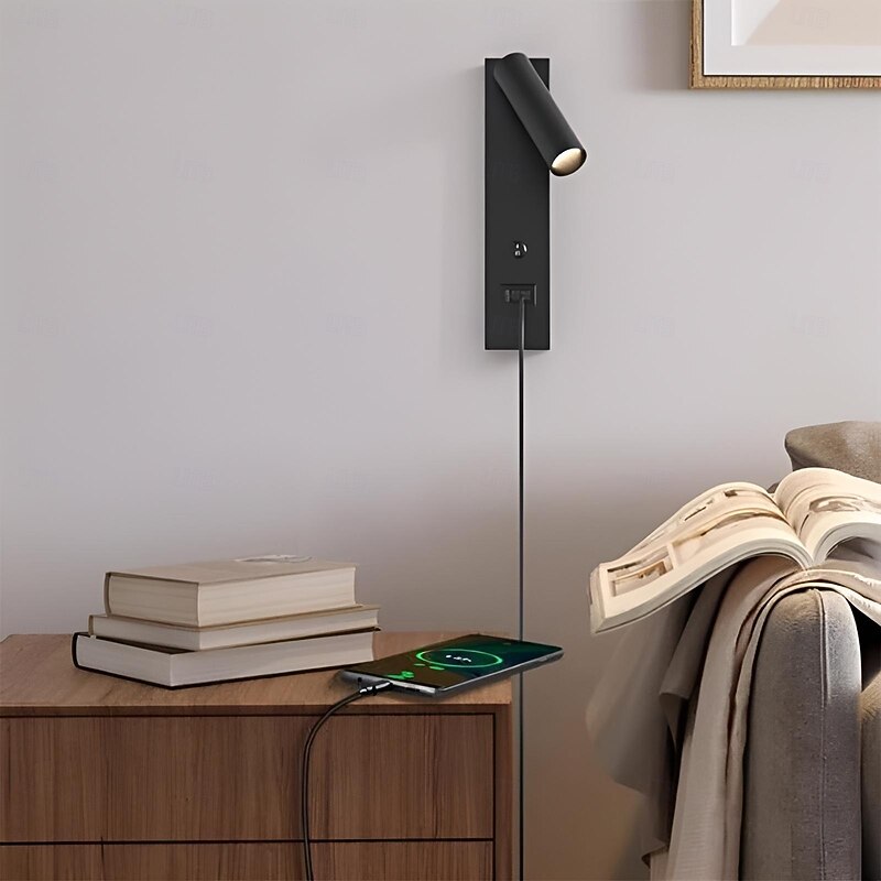 LED Wall Sconce with USB Charging Port Wall Mounted Reading Lamp Bedside Button Switch Wall Lighting Indoor Wall Lights2