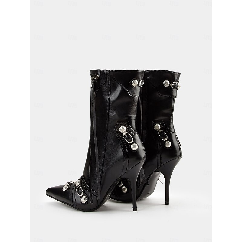 Women's Black Faux Leather Stiletto Motorcycle Boots with Buckles and Zipper Detailing - Sexy Pointed Toe Mid-Calf Heels for Parties and Night Out4