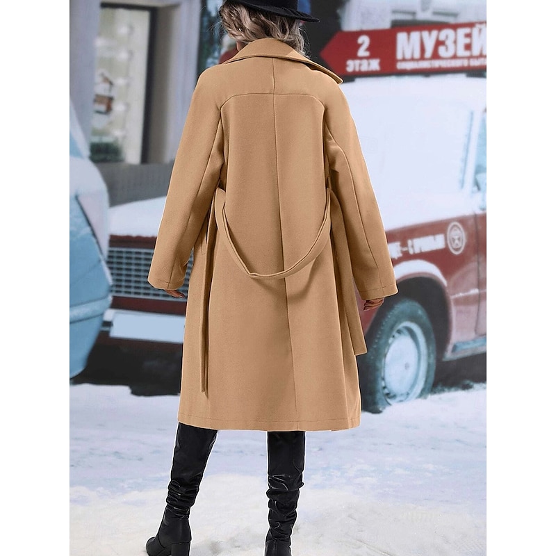 Women's Winter Coat Windproof Warm Buttons With Belt Elegant Outdoor Solid Color Work Casual Double Breasted Turndown Loose Fit Long Sleeve Outerwear Black Red Khaki Fall Winter4