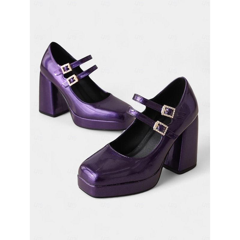 Women's Retro Patent Faux Leather Chunky Mary Jane Pumps with Double Strap – Fashion Block Heel Shoes for Vintage-Inspired Party or Casual Outfits3
