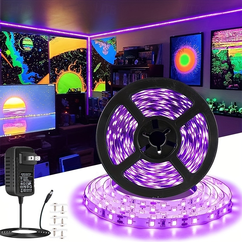 UV Black Light LED Strip Lights 16.4FT 5M Flexible 395-405nm 2835SMD 8mm Flexible DC12V for Indoor Dance Party Stage Lighting Body Paint2