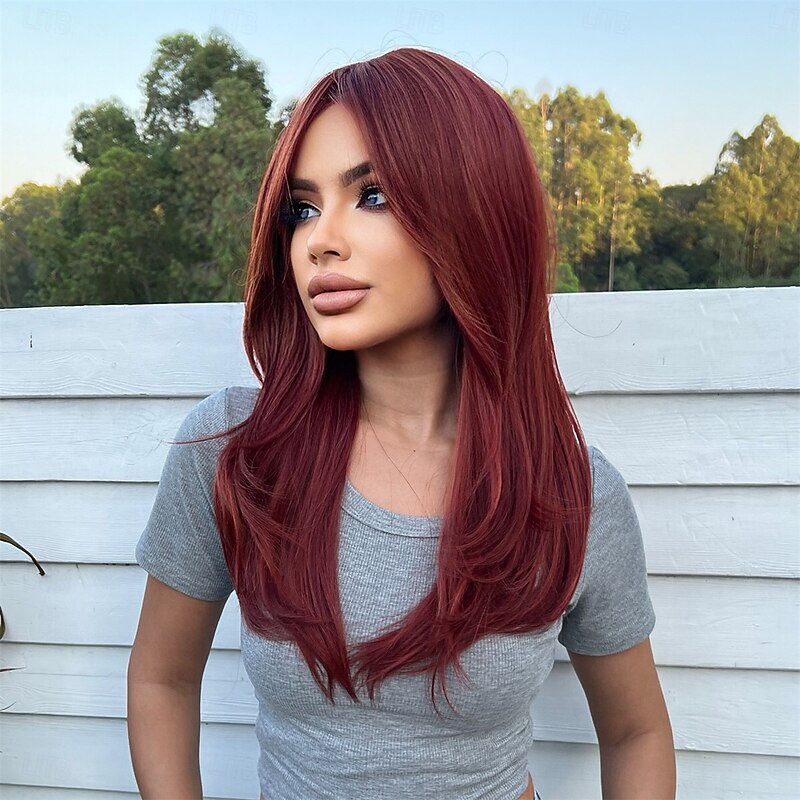 Synthetic Wig Uniforms Career Costumes Princess Straight kinky Straight Middle Part Layered Haircut Machine Made Wig 22 inch Brown / Burgundy Synthetic Hair Women's Cosplay Party Fashion Burgundy2