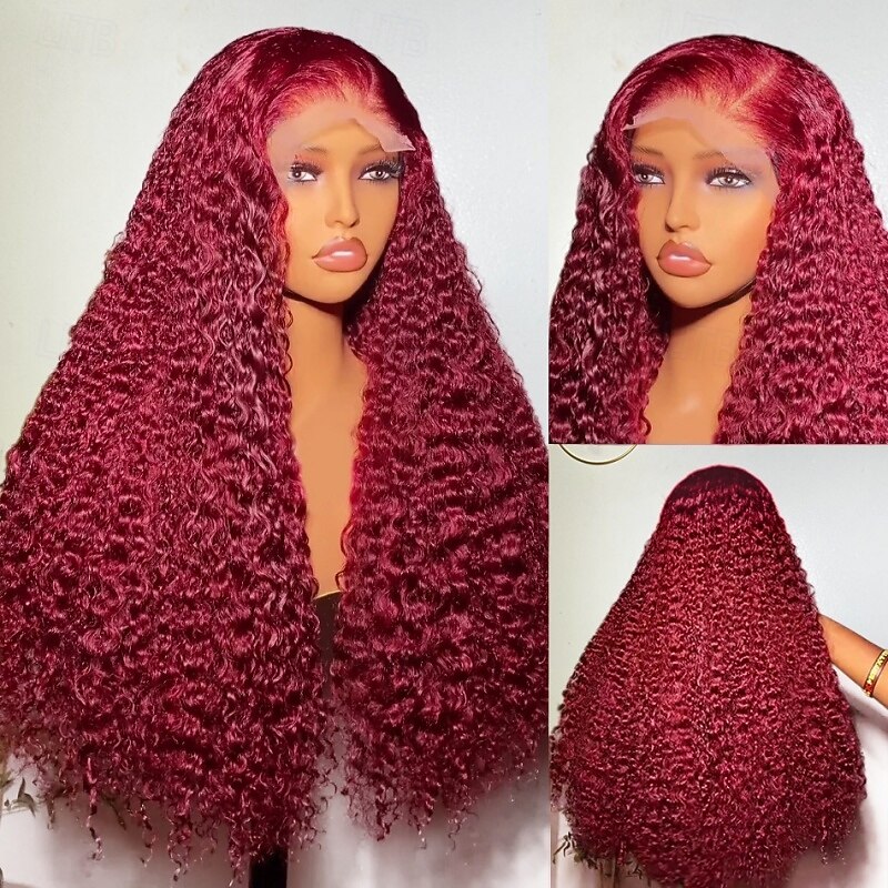 Remy Human Hair 5x5 Closure 13x6 Lace Front Wig Side Part Middle Part Free Part Brazilian Hair Deep Wave Burgundy Wig 130% 150% 180% Density with Baby Hair Natural Hairline Pre-Plucked For Women wigs