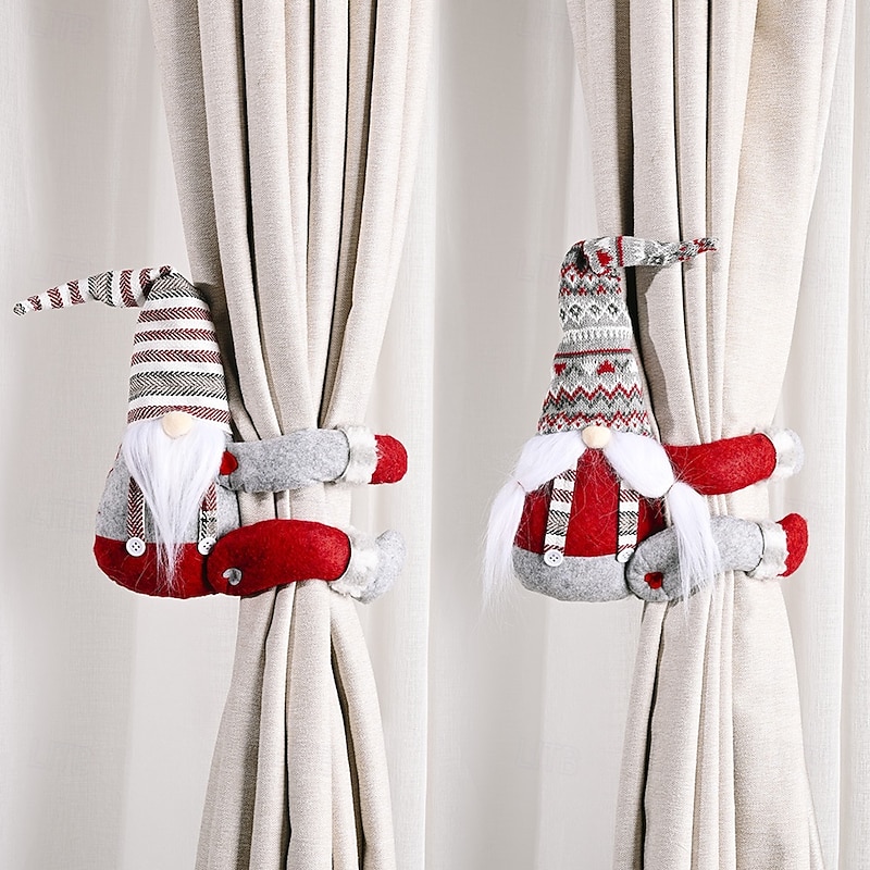 Christmas Curtain Tiebacks and Door Hangers, Christmas Decoration Xmas Party Striped Hat Forest Santa Curtain Holders, Door and Window Accessories