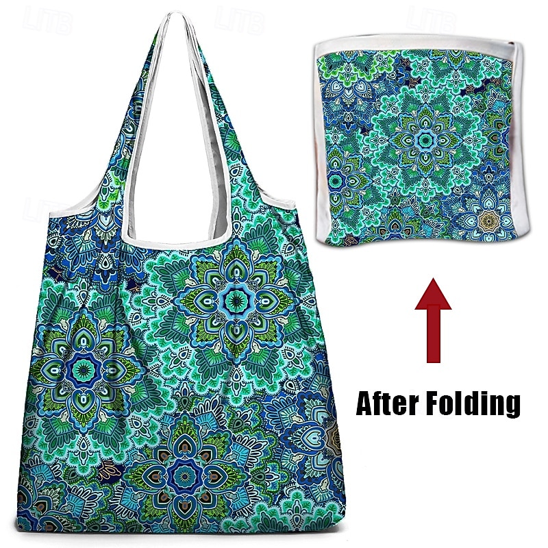 Women's Bohemian Floral Tote Bag, Reusable Foldable Shopping Bag with Colorful Mandala Design, Perfect for Beach, Groceries, and Everyday Use