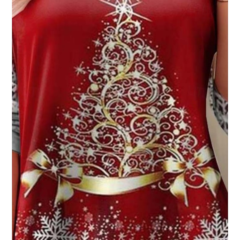 Women's Christmas Tunic 3/4 Sleeve Christmas Tree Print Casual Stretchy Red White Snowflake Crew Neck Festive Winter Wear3