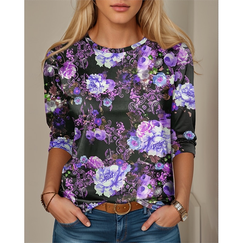 Women's T Shirt Floral Elegant Ladies  Vacation Party Work Print Purple Spring Fall Winter