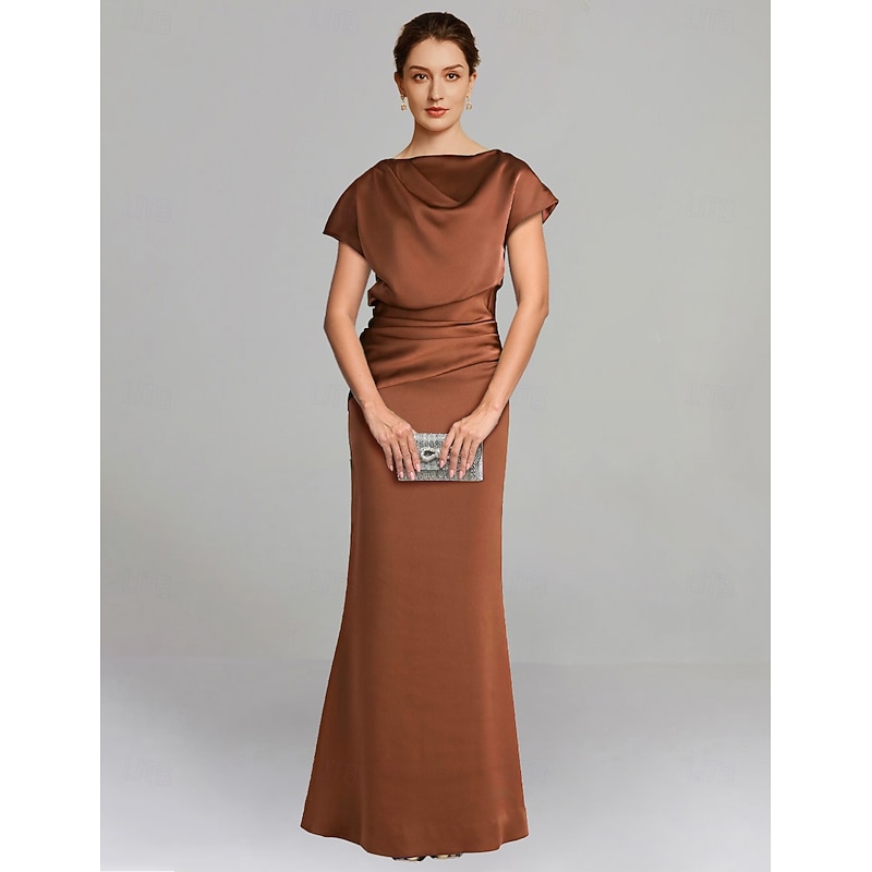 Sheath Dress Mother of the Bride Dress Formal Elegant Off Shoulder Floor Length Satin Short Sleeve with Ruched Solid Color4