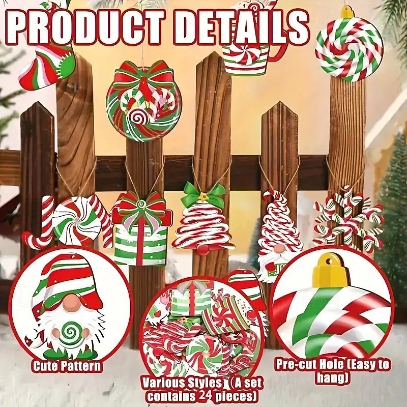24pcs Christmas Wooden Ornaments, Xmas Tree Pendant Decoration - Vintage Wooden Peppermint Candy Canes, Snowmen, Gnomes, and Santa - Perfect for Tree or Home Holiday Decor4