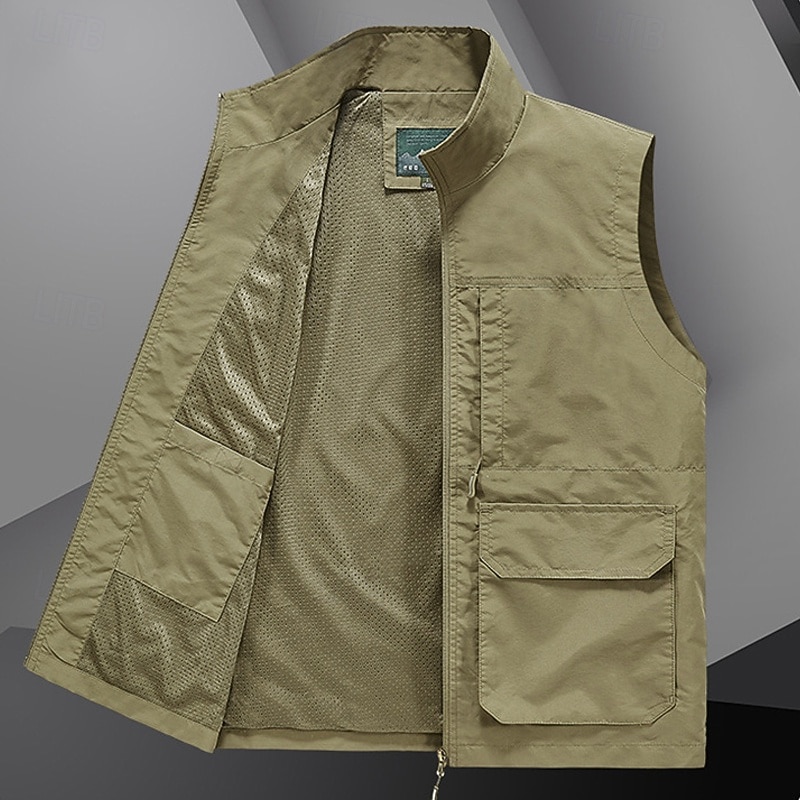 Men's Hiking Vest Sleeveless Vest Outdoor Quick Dry Comfortable Multiple Pockets Polyester Black Army Green Khaki Hunting Fishing Climbing