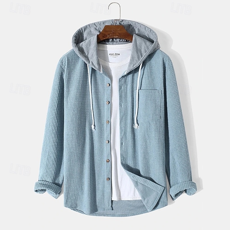 Men's Shirt Waffle Shirt Overshirt Plain Outdoor Street Light Blue Black Blue Green Long Sleeve Hooded Winter Spring & Fall Clothing Apparel 5