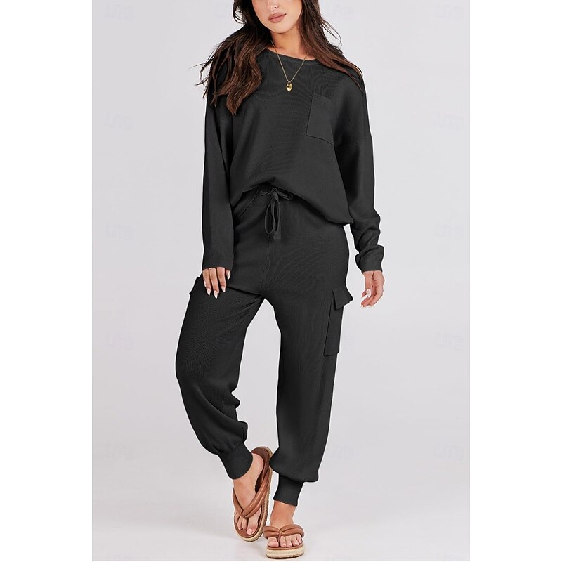 Women's Tracksuit Sweatshirt Chinos Trousers Sweater Set Long Sleeve Solid Color Black Beige Spring Loose Fit3