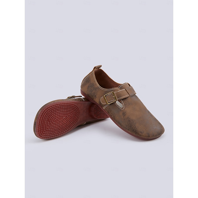 Women's Vintage Brown Barefoot Slip-On Loafers with Buckle Strap and Distressed Faux Leather Finish, Perfect for Casual Wear4