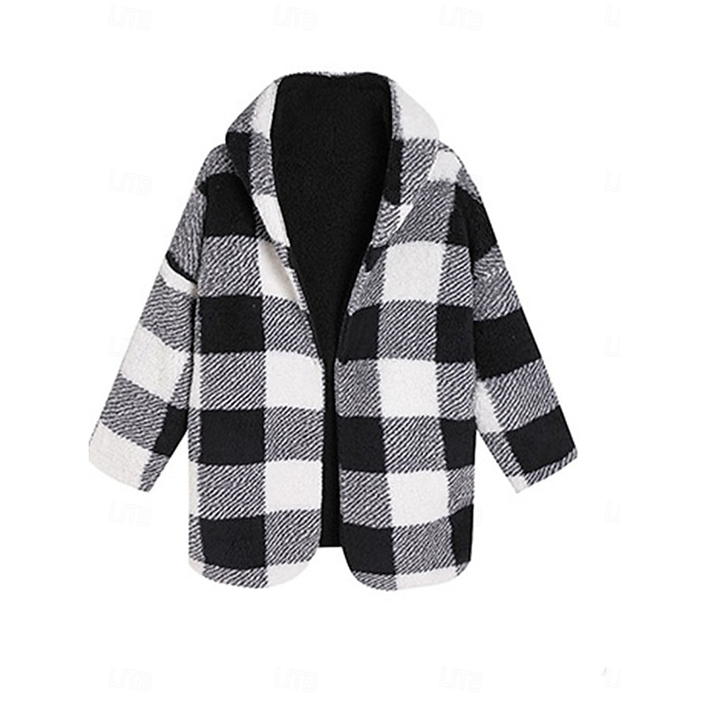 Women's Fleece Jacket Teddy Coat Hoodie Jacket Warm Breathable Pocket Fleece Lined Casual Plaid Vacation Street Daily Wear Going out Open Front Regular Hoodie Regular Fit Long Sleeve Outerwear Black4