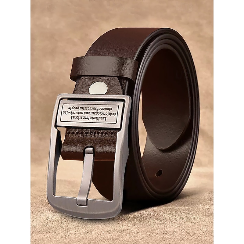 Men's Brown Leather Belt with Large Square Buckle - Durable Fashion Accessory for Casual and Formal Outfits