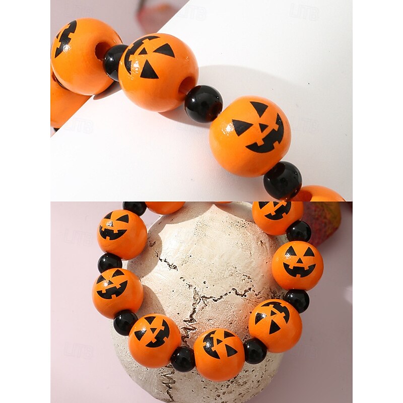 Men's Women's Halloween Pumpkin Beaded Bracelet – Festive Stretch Bracelet with Orange and Black Jack-O'-Lantern Beads3