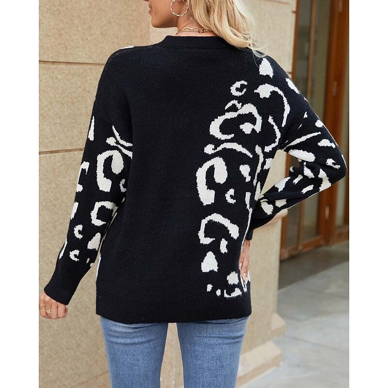 Women's Sweater Casual Graphic Leopard Crew Neck Knitted Long Sleeve Regular Tops Knit Weekend Black Gray Fall Winter2