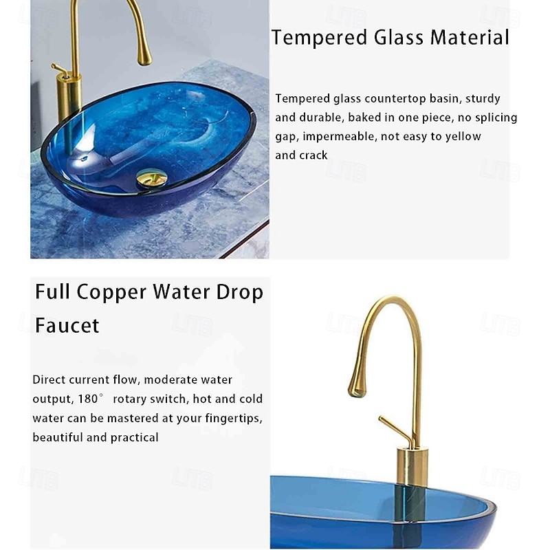 Bathroom Vessel Sink Tempered Glass Wash Basin Bowl Above Counter Art Vessel Sink with Water Drop Faucets and Pop-Up Drain2