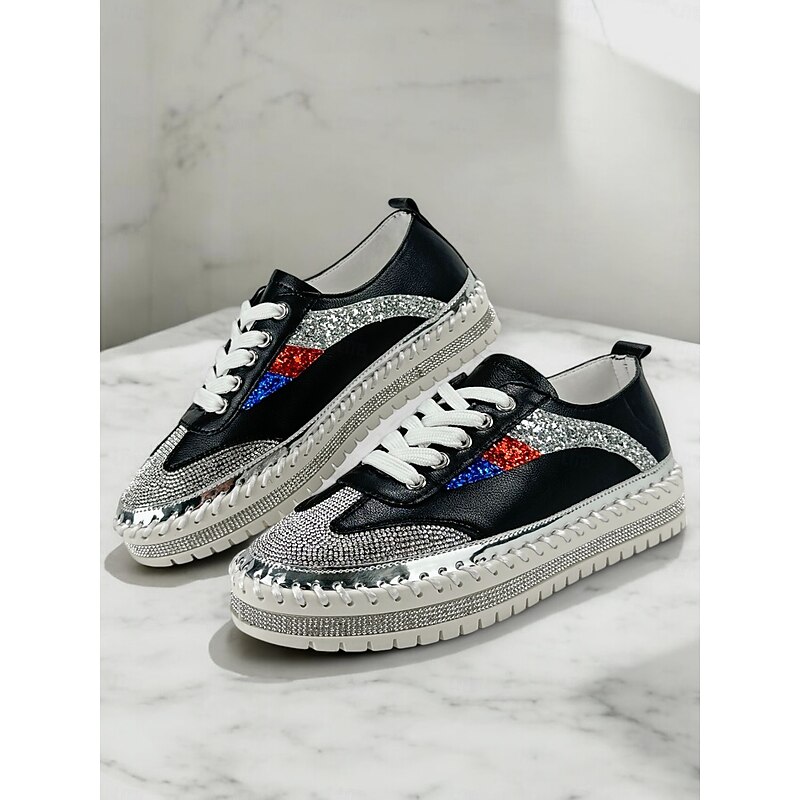 Women's Glitter-Accented Black Lace-Up Sneakers – Rhinestone Embellished, Colorful Casual Athletic Shoes for Fashionable Everyday Wear3