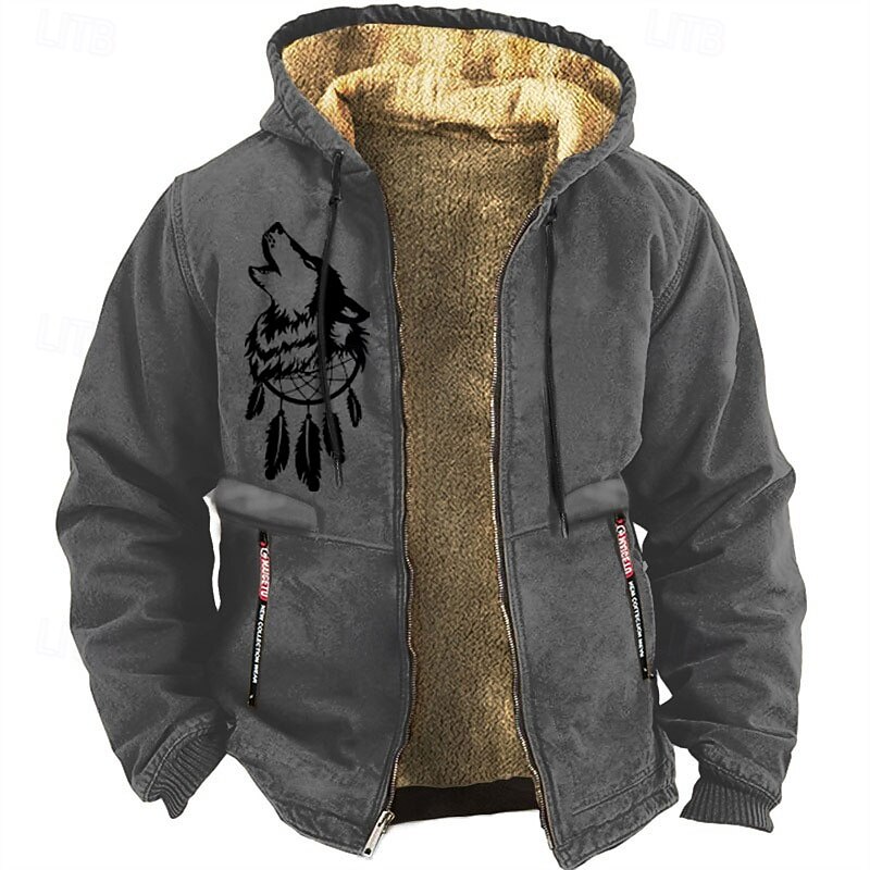 Men's Wolf Cowboy Sweatshirt Long Sleeve Sweatshirts  Hooded Vintage Western Style Vacation Going out Fall & Winter Brown Gray Clothing Apparel Designer Graphic Print S M L XL XXL XXXL4