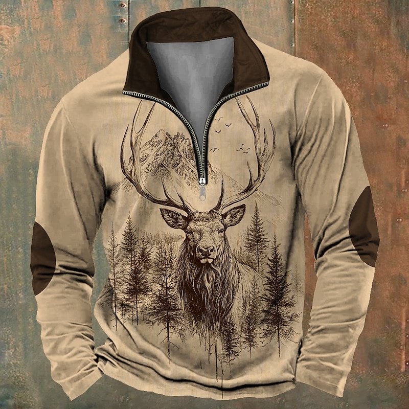 Men's Hunting Deer Sweatshirts Quarter Zip Sweatshirt Long Sleeve Sweatshirt Stand Collar Vintage Retro Western Cowboy 3D Printing Hunting Crewneck 3D Print Winter Spring &  Fall