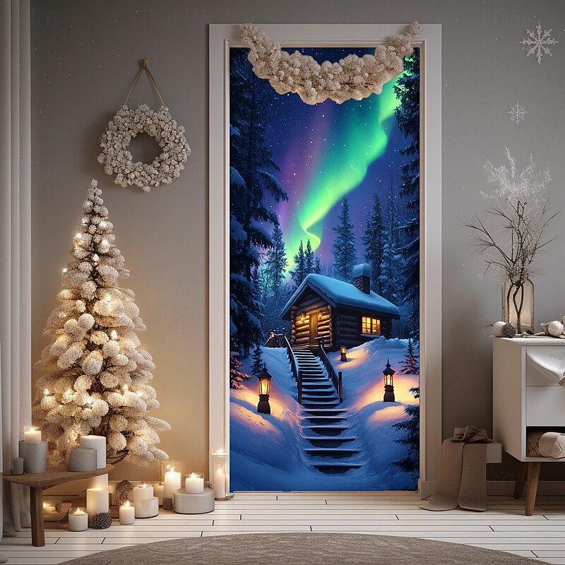 Christmas Door Decorations Door Covers Xmas Santa Claus Village Door Tapestry Door Curtain Decoration Backdrop Indoor/Outdoor Door Banner for Front Door Farmhouse Holiday Party Decor Supplies