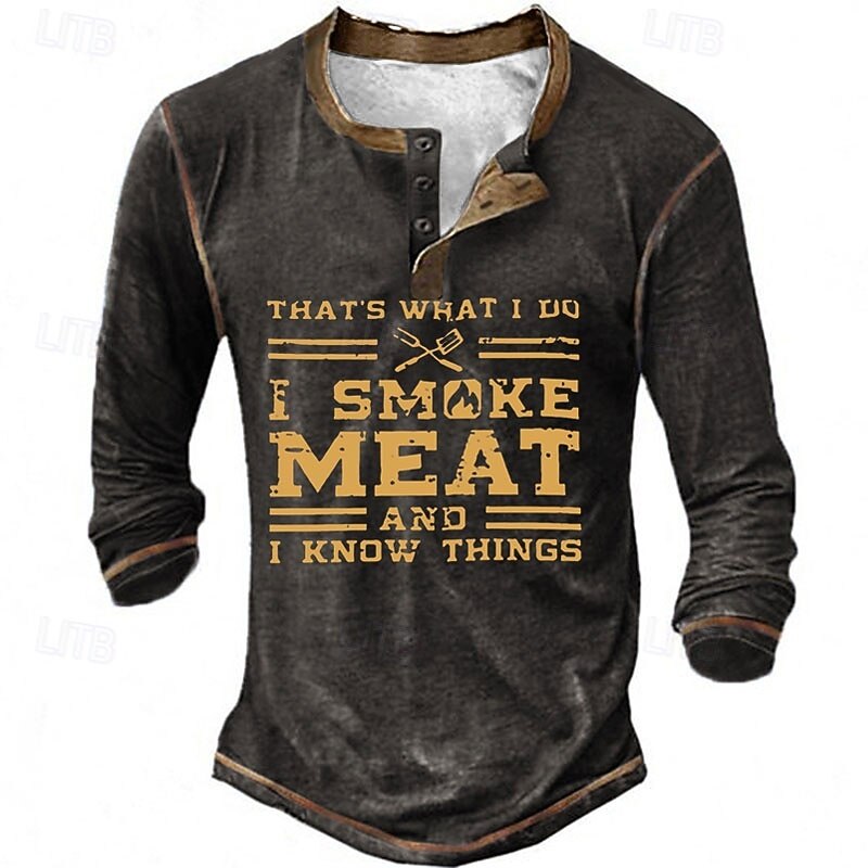 Men's Graphic Letter Henley Shirt Tee Long Sleeve 3D Print Fashion Designer Comfort Casual Daily Wear Going out Spring &  Fall Black Navy Blue Brown Gray Henley Henley T-Shirt3