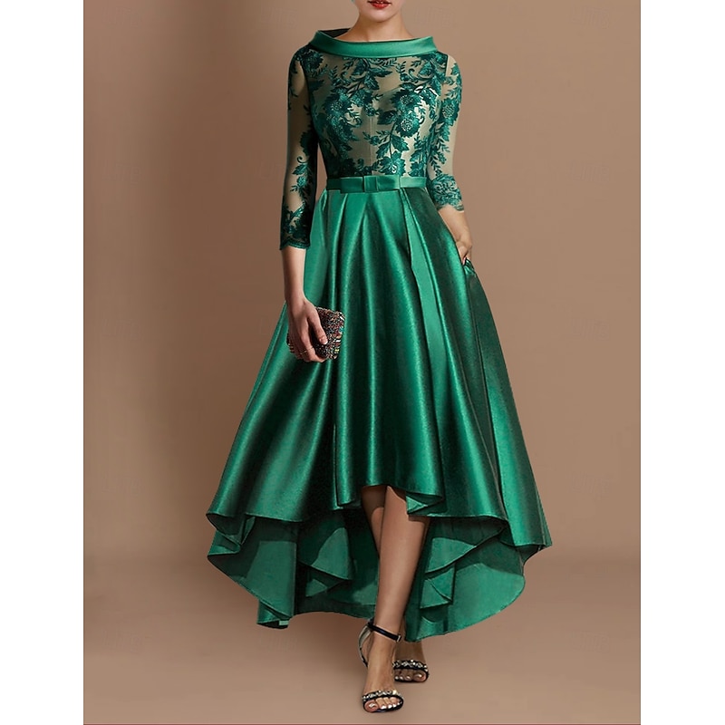 A-Line Mother of the Bride Cocktail Dresses Elegant Dress Formal Asymmetrical 3/4 Length Sleeve Jewel Neck Fall Wedding Guest Satin with Pleats Appliques Dresses