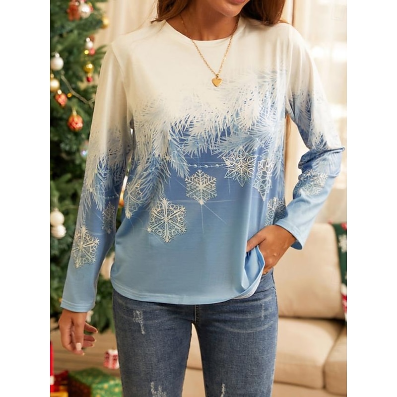 Women's Sweatshirt Winter Snowflake Print Blue Gradient Casual Comfortable Pullover Regular Fit Holiday Season Cozy Top Prefall3