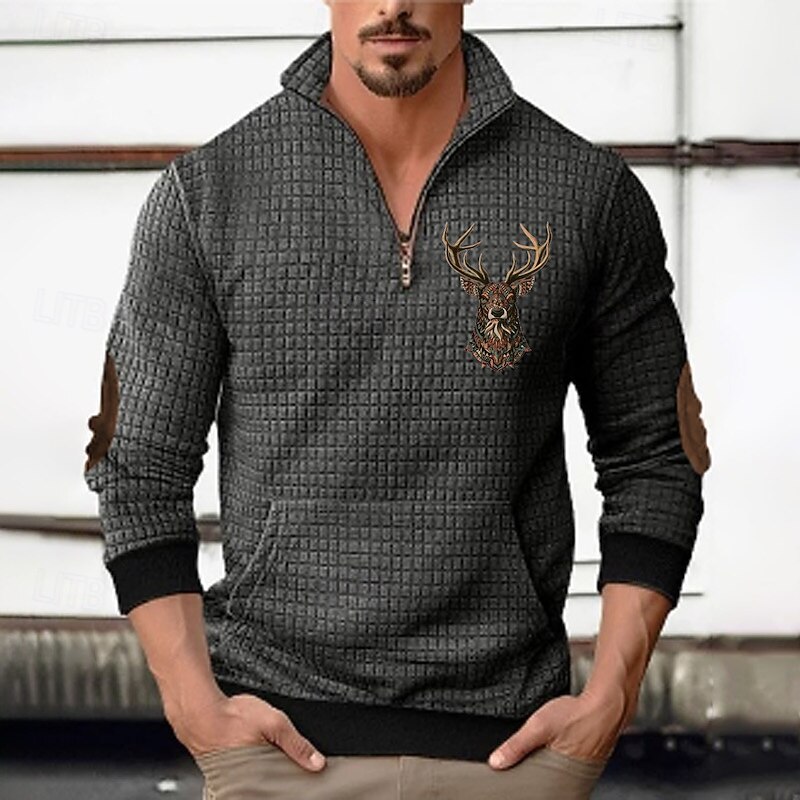 Men's Sweatshirt Waffle Sweatshirt Quarter Zip Sweatshirt Black Dark Gray Half Zip Graphic Print Patchwork Front Pocket Quarter Zip Daily Holiday Going out Polyester Streetwear Casual Fall Winter