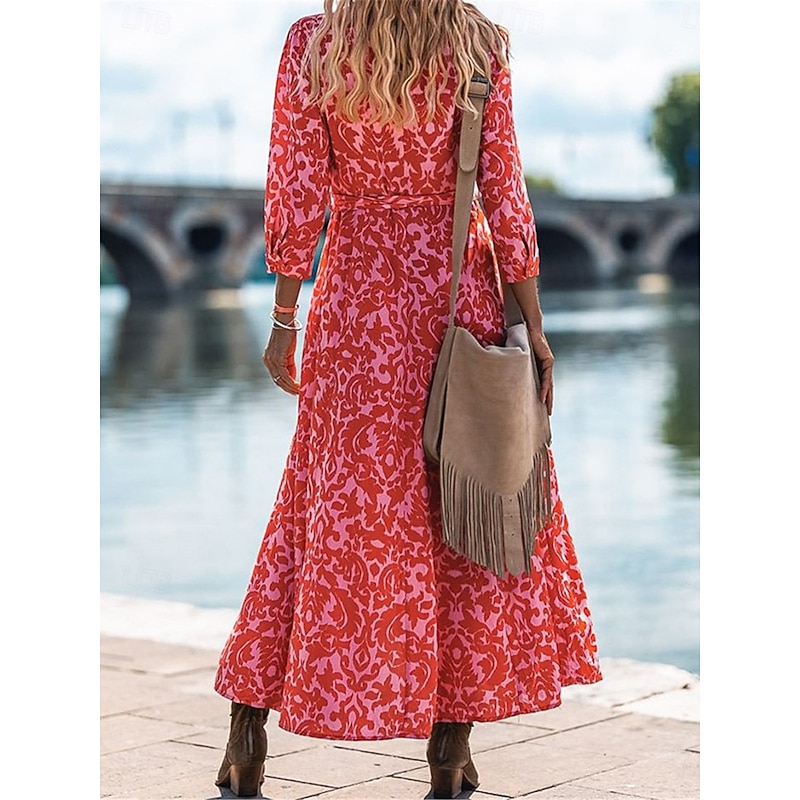 Women's Floral Print V Neck Long Dress Maxi Dress 3/4 Length Sleeve Spring Fall2