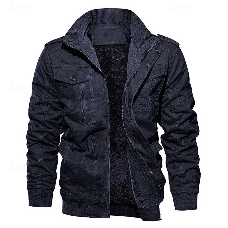 Men's Winter Jacket Fleece Jacket Casual Jacket Daily Vacation Thermal Warm Pocket Fleece Fall & Winter Plain Fashion Streetwear Stand Collar Regular Black Navy Blue Khaki Army Green Dark Gray Jacket3