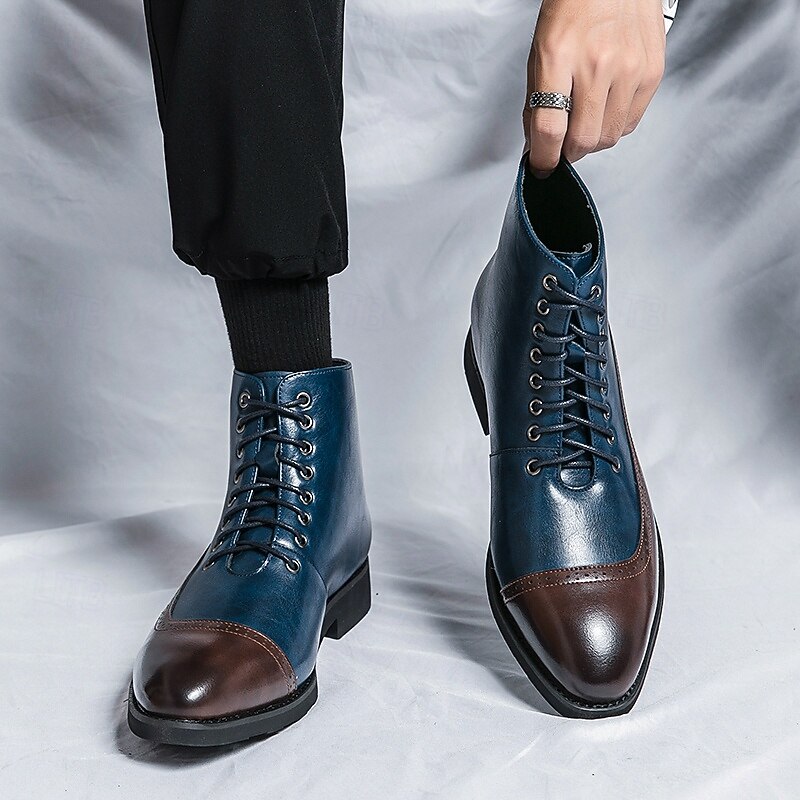 Men's Two-Tone Faux Leather Ankle Boots with Lace-Up Closure - Stylish Navy and Brown Boots for Casual Wear and Outdoor Activities2