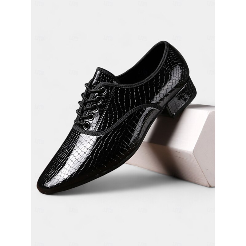 Men's Black Crocodile Pattern Lace-Up Dance Shoes with Glossy Finish, Perfect for Ballroom and Latin Dance Performances2