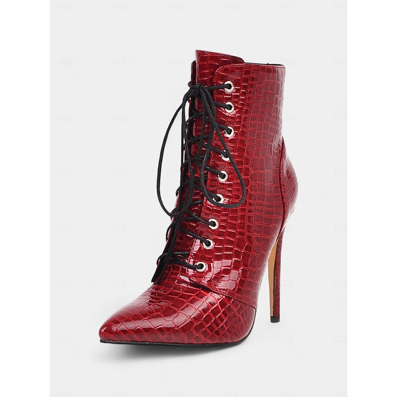 Red Crocodile-Embossed Lace-Up Stiletto Ankle Boots – Sexy Women's High Heel Pointed-Toe Boots for Party and Evening Wear4