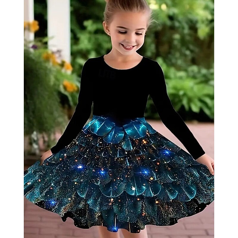 Girls' 3D Graphic Peacock Dress Long Sleeve Summer Spring Vacation Daily Holiday Princess Beautiful Sweet Kids 4-12 Years Casual Dress A Line Dress Knee-length Regular Fit